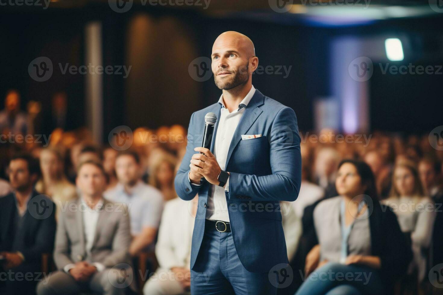 AI generated Speaker Giving a Talk at Business Conference. Audience at the conference hall. Business and Entrepreneurship. photo