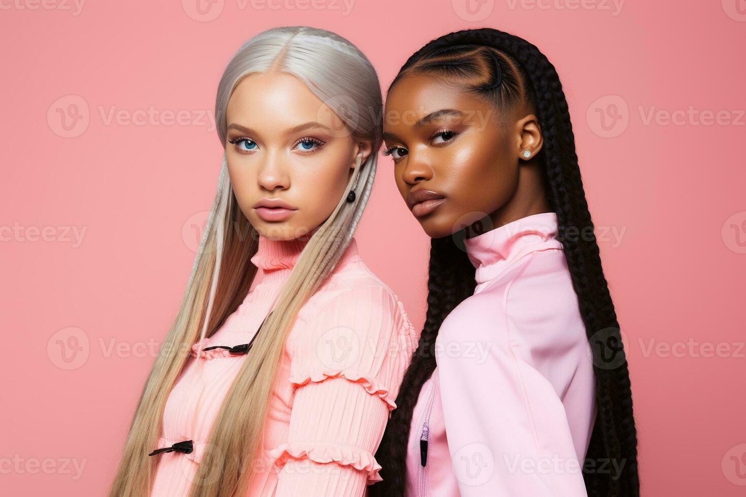 AI generated fashionable Two young multiracial women posing together isolated on pink background photo