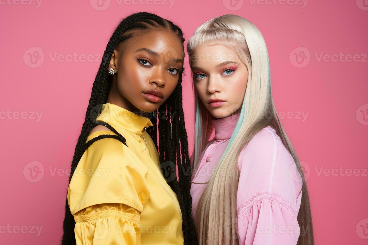 AI generated fashionable Two young multiracial women posing together isolated on pink background photo