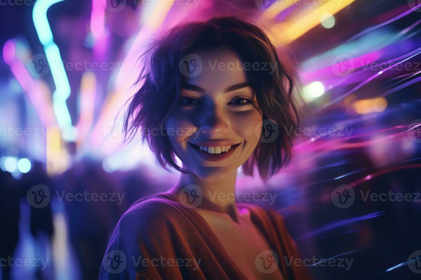 ai generado retrato de un hermosa niña con corto pelo bailando en un Club nocturno foto