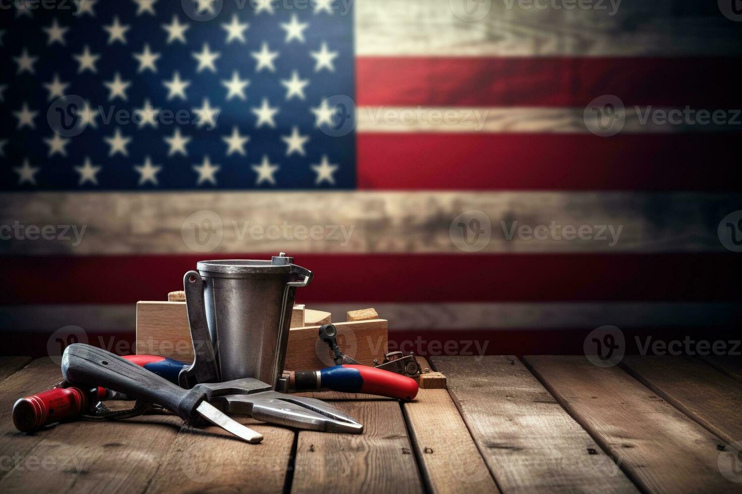 AI generated tools on a wooden table against the background of the American flag photo