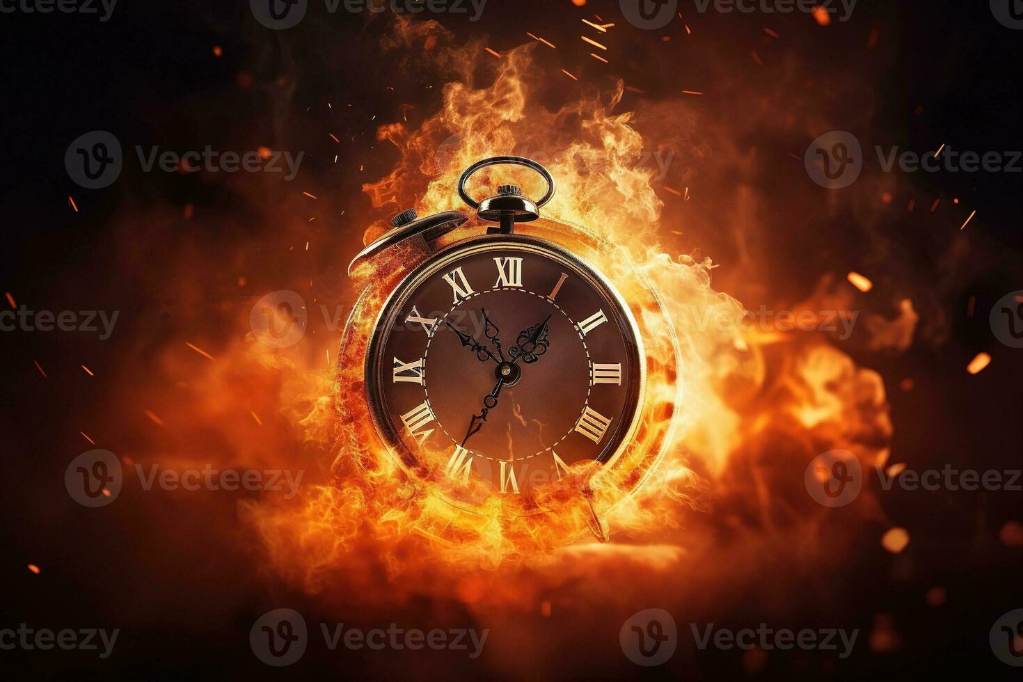 AI generated Alarm clock on fire background. Time is running out concept. photo