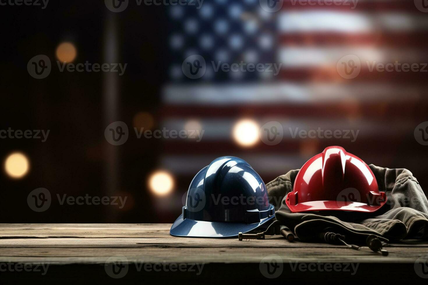 AI generated tools on a wooden table against the background of the American flag photo