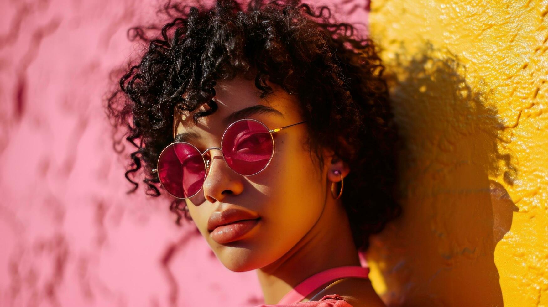 AI generated image of a woman with pink sunglasses on pink photo