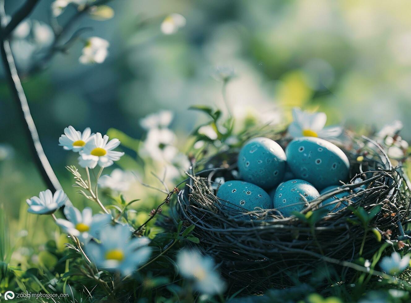 AI generated blue easter eggs are in the nest easter photo