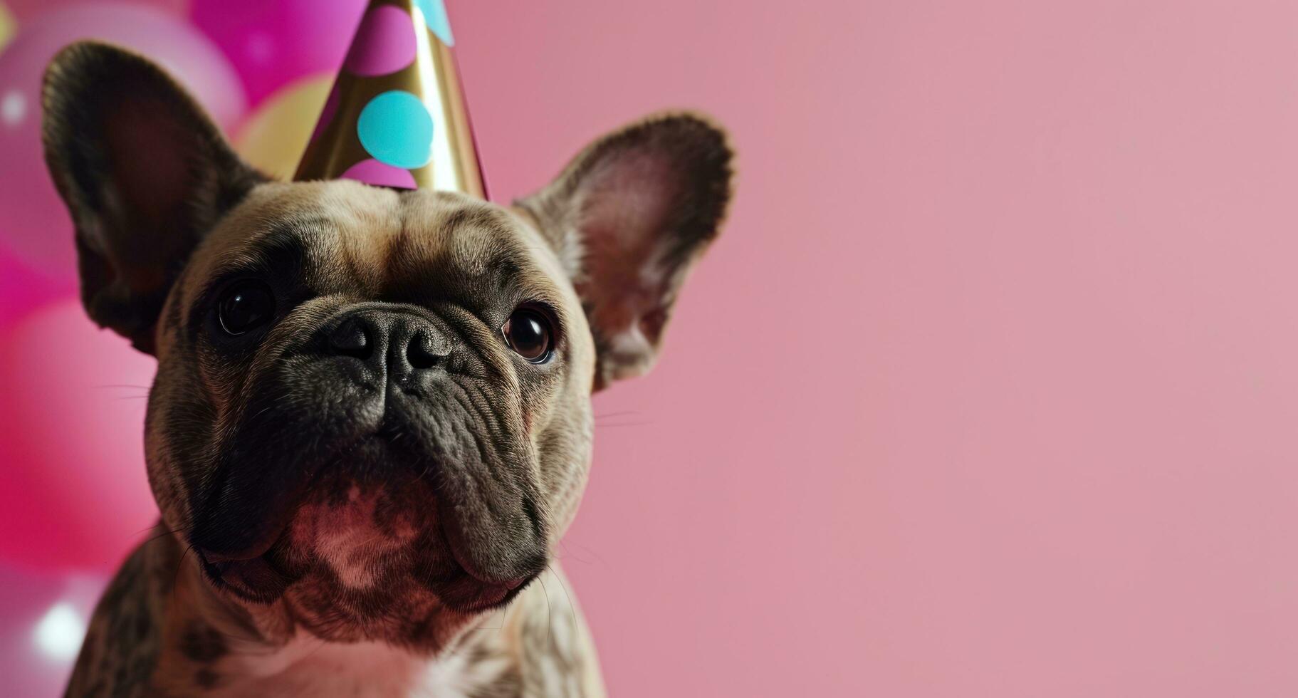 ai generado contento francés buldog con cumpleaños sombrero en rosado antecedentes foto