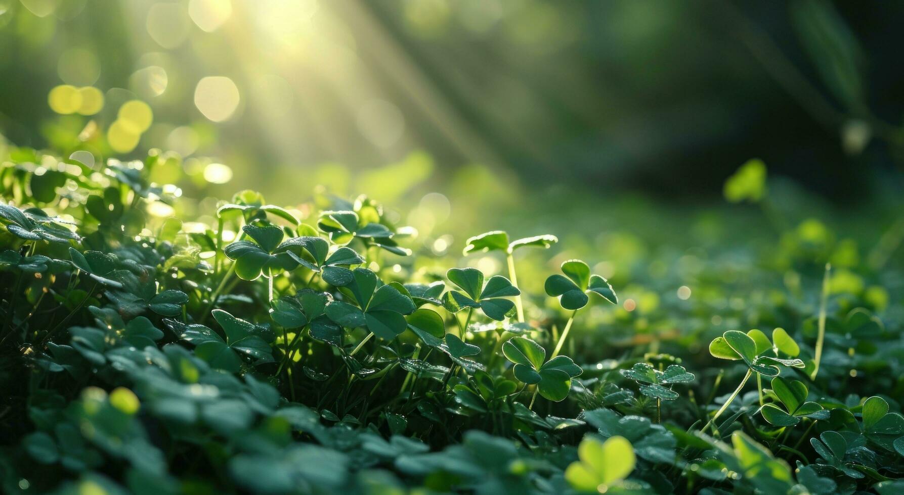 AI generated green field of shamrocks background with light rays photo