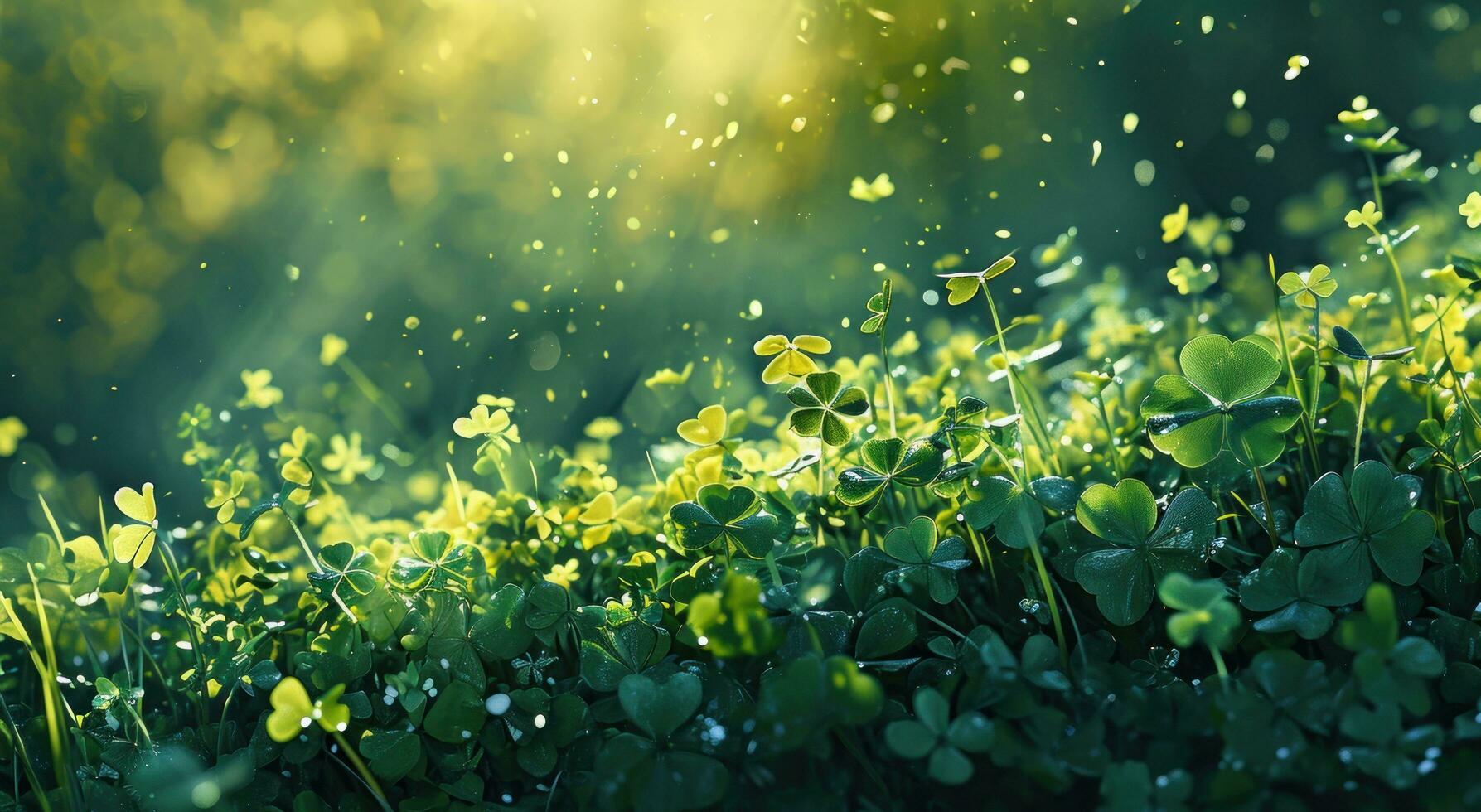 AI generated green field of shamrocks background with light rays photo