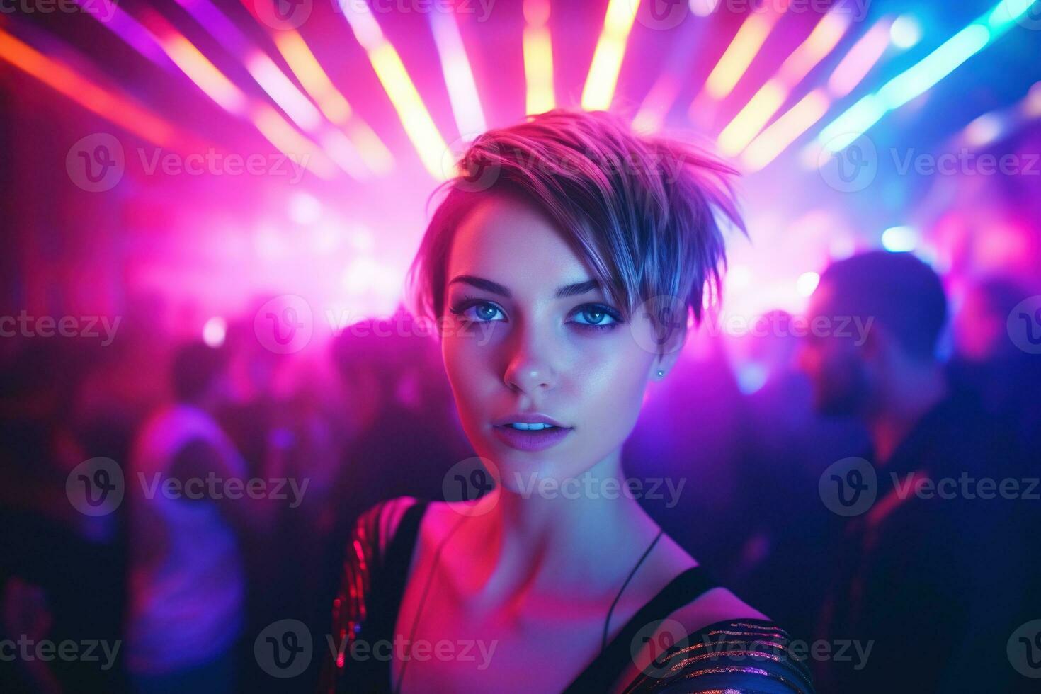 AI generated Portrait of a beautiful girl with short hair dancing in a nightclub photo