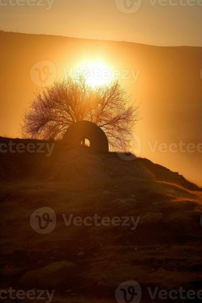 AI generated Sunrise over a megalithic tomb photo