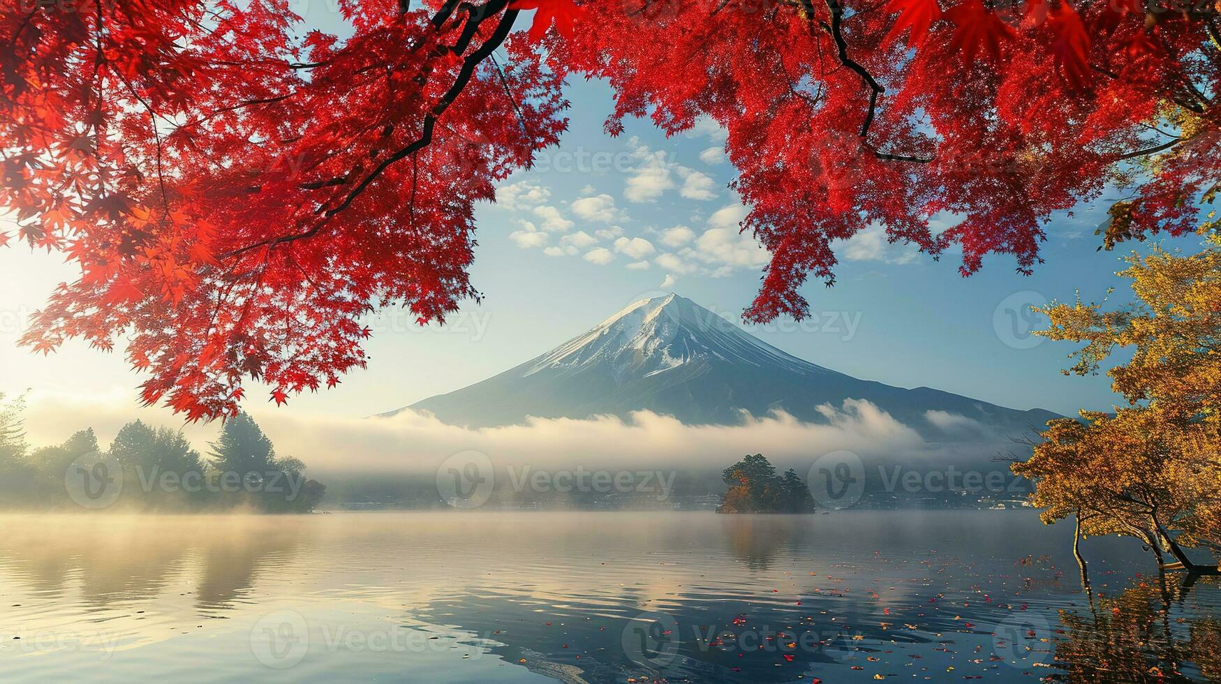 ai generado fuji montaña y lago kawaguchiko en otoño estación, Japón foto