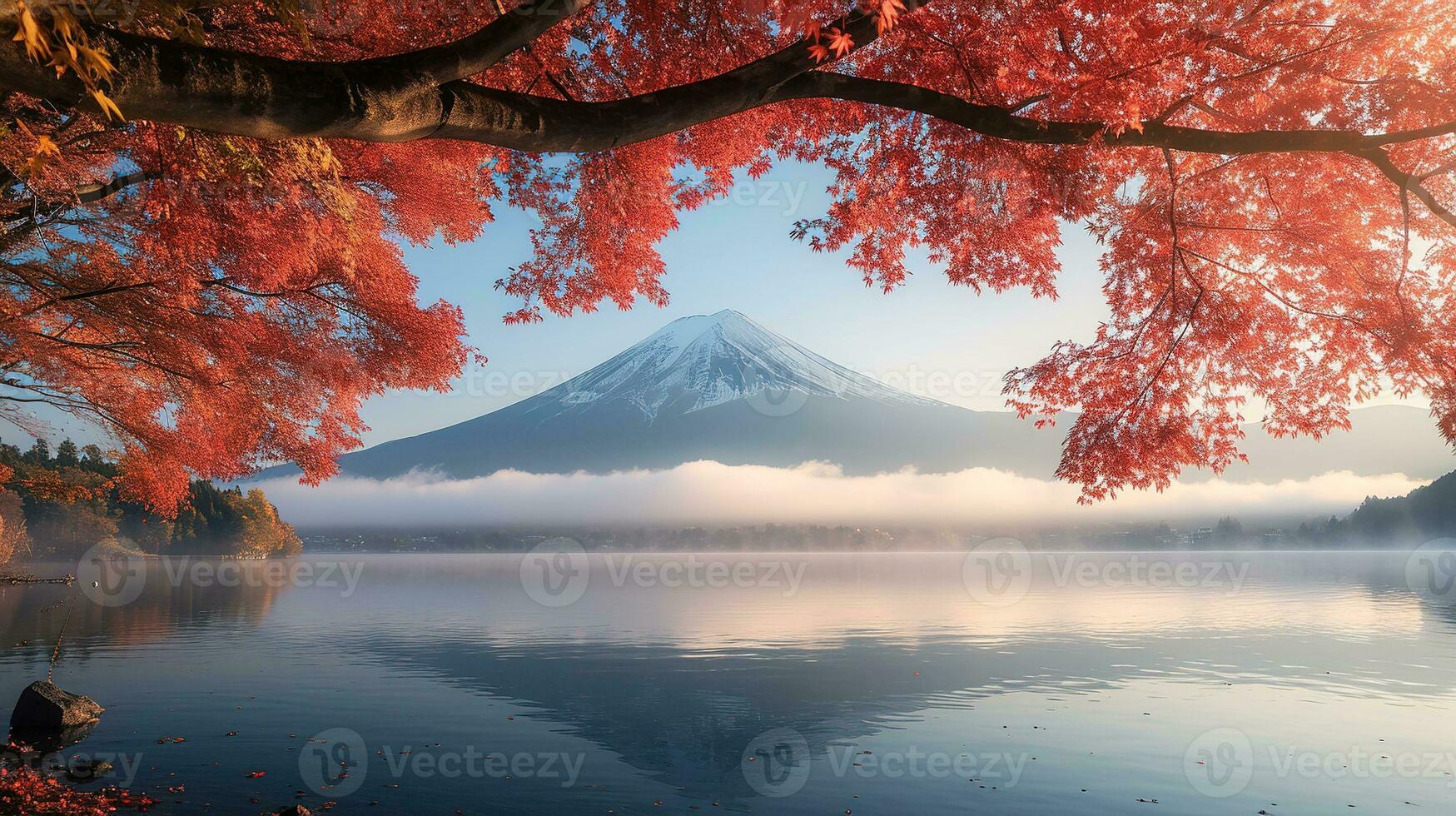 AI generated Fuji Mountain and Lake Kawaguchiko in autumn season, Japan photo