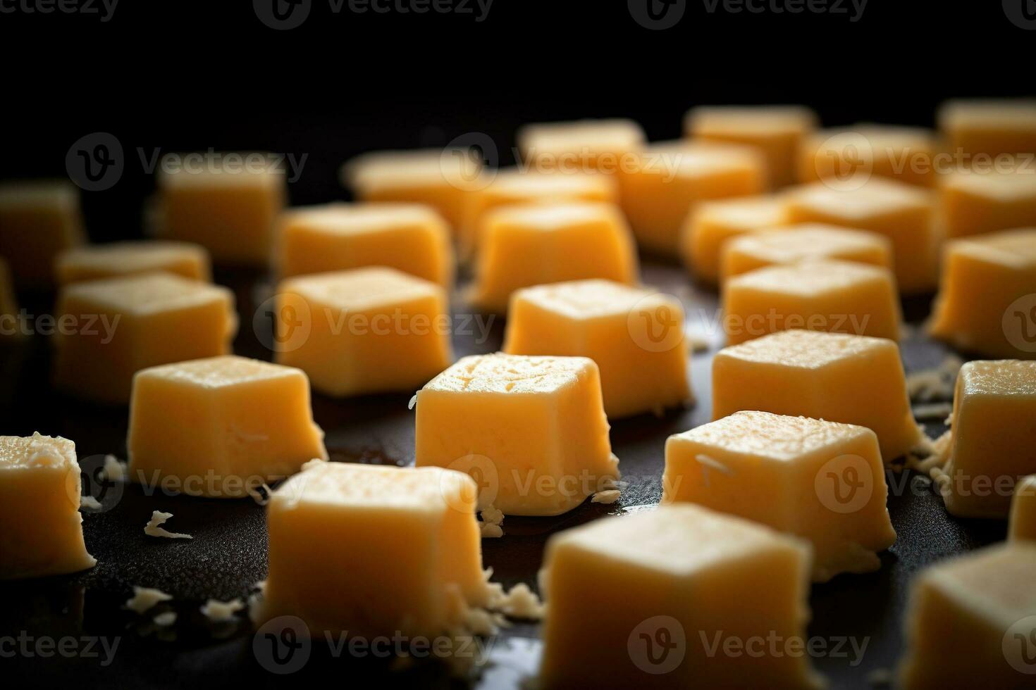 AI generated Close-up of a plate of yellow cheese cubes. photo