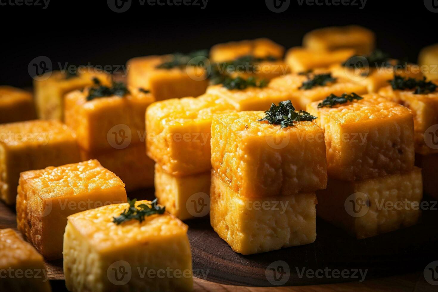 AI generated Close-up of a plate of yellow cheese cubes. photo