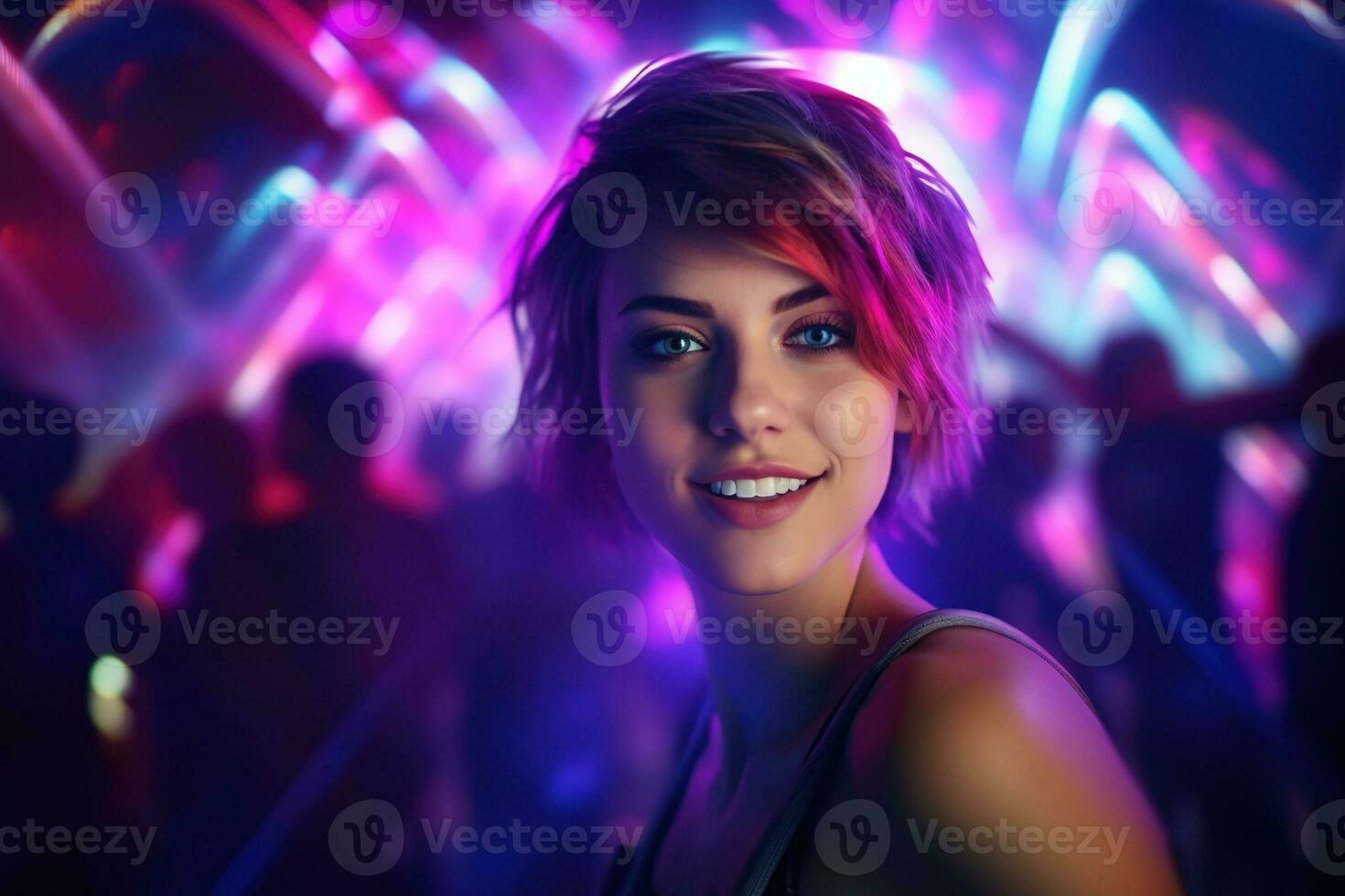 AI generated Portrait of a beautiful girl with short hair dancing in a nightclub photo