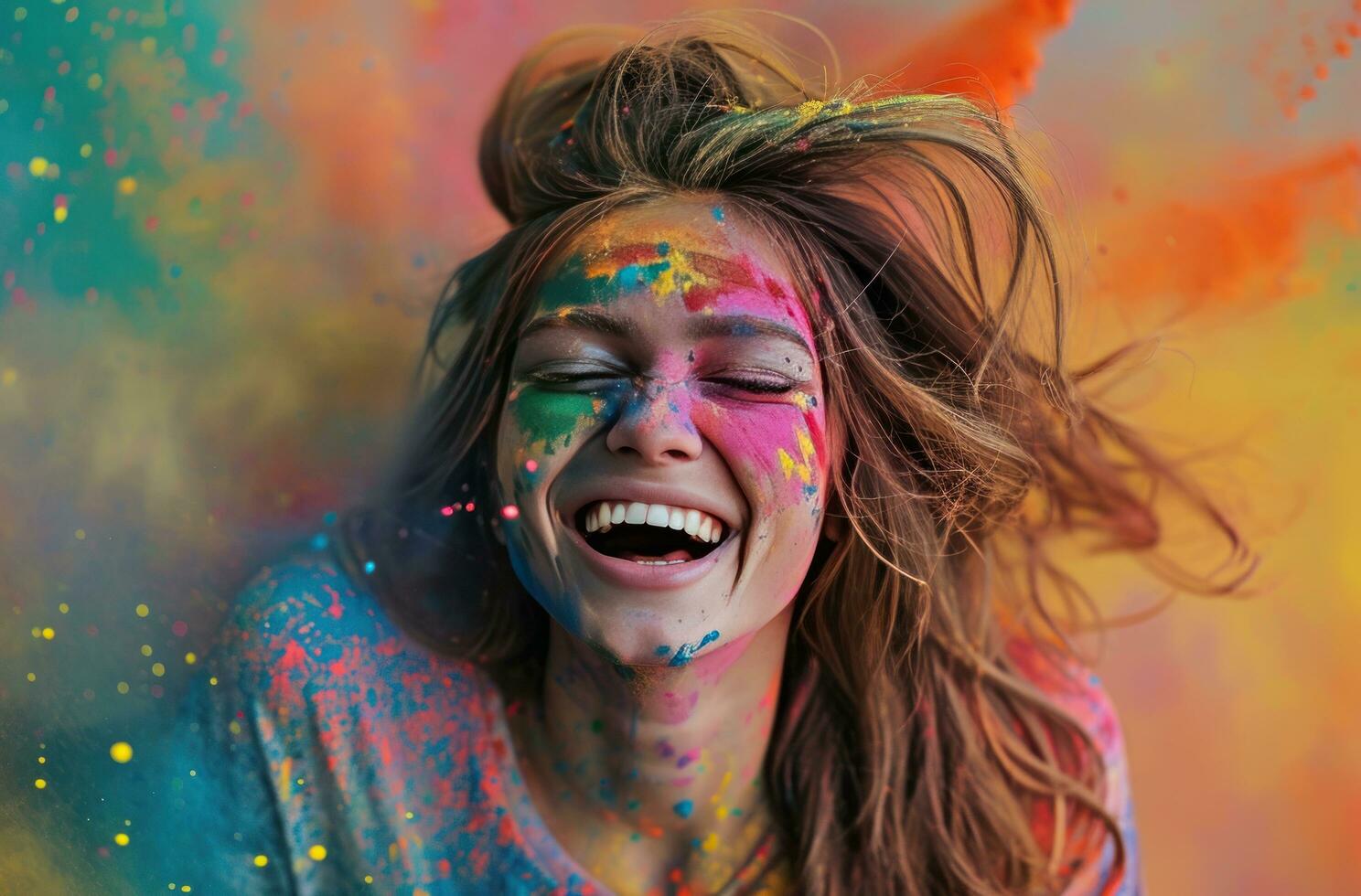 AI generated happy chick full of colored powder colorful background photo