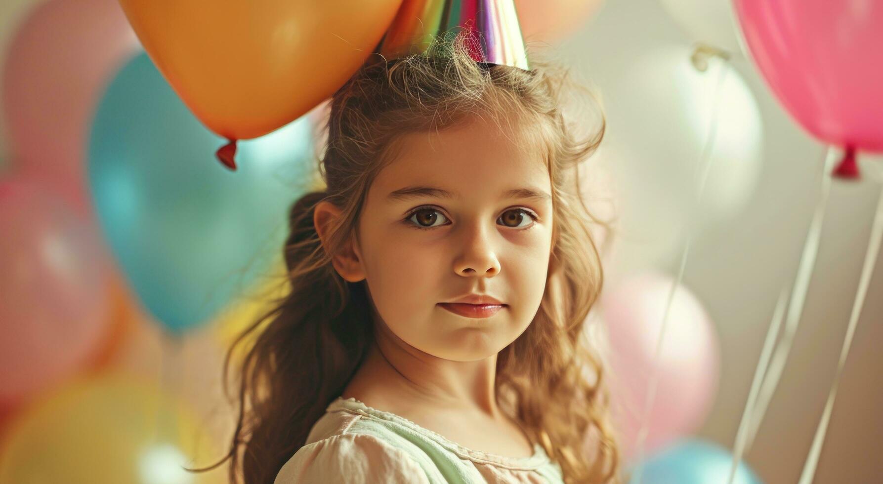 AI generated little girl celebrating her birthday with balloons photo