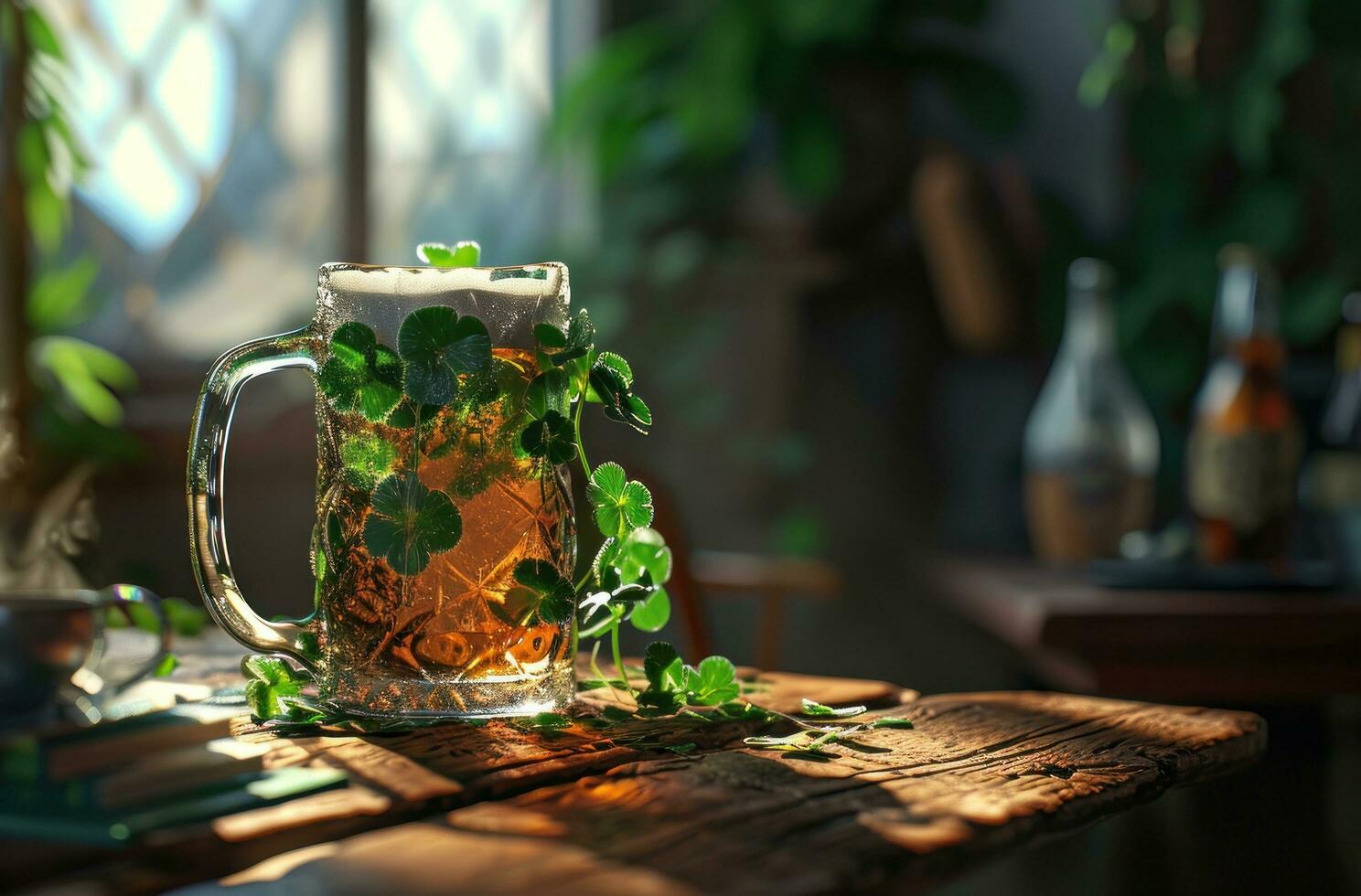 AI generated in a glass pitcher, a shamrock beer is sitting next to a couple of clover leaves photo