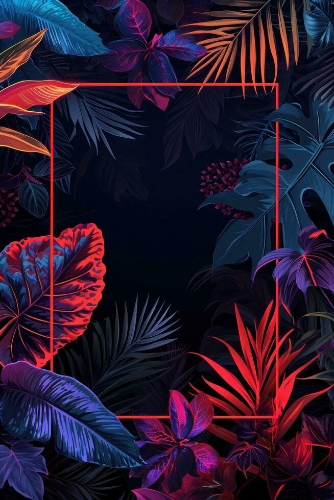 AI generated neon neon and hibiscus leaves in an abstract frame with orange neon neon photo