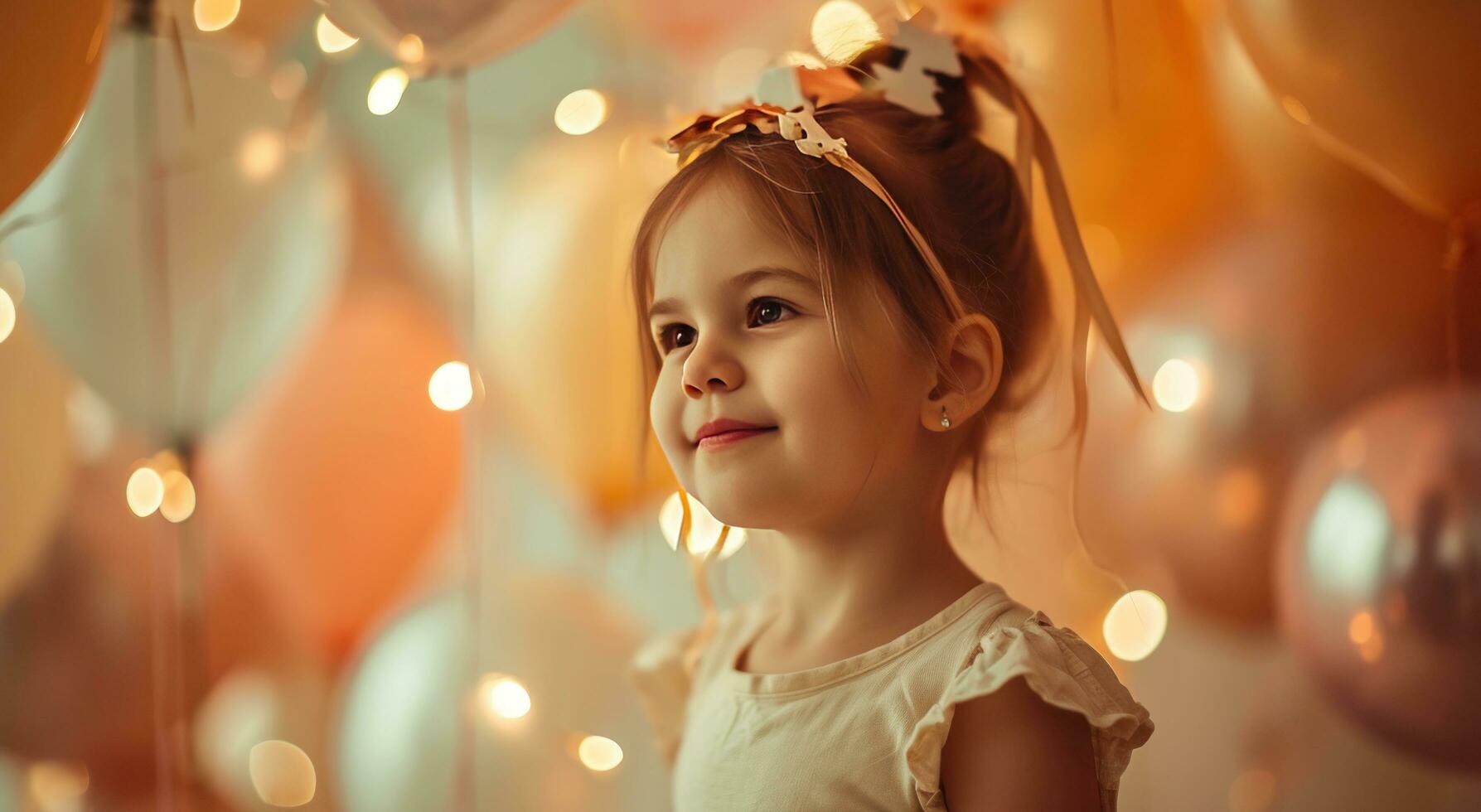 AI generated little girl celebrating her birthday with balloons photo