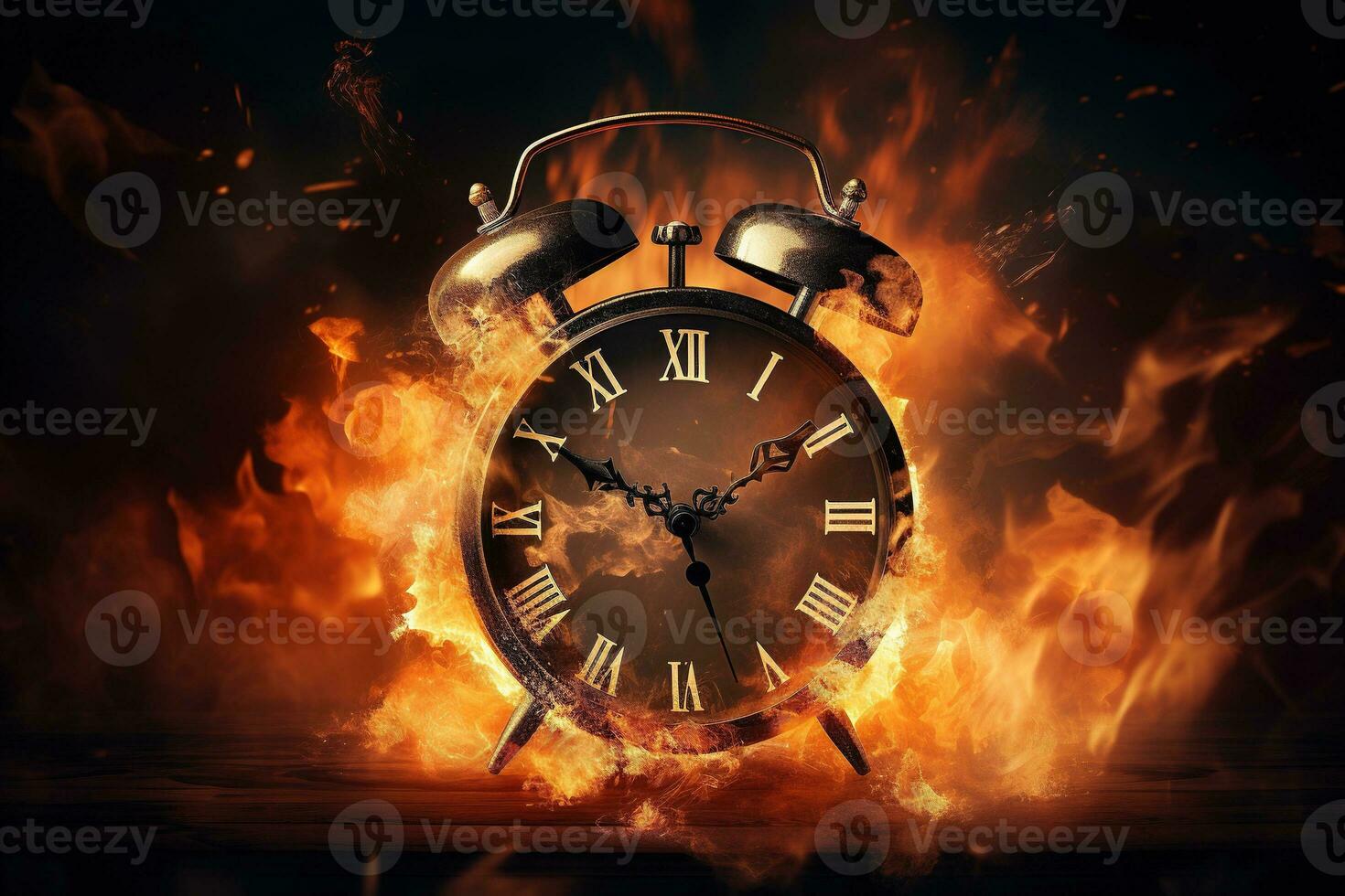 AI generated Alarm clock on fire background. Time is running out concept. photo