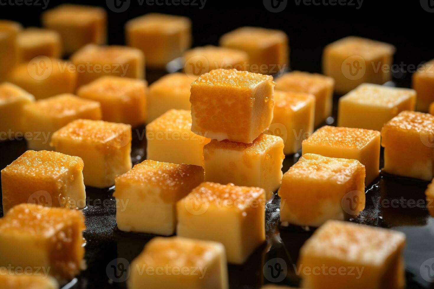 AI generated Close-up of a plate of yellow cheese cubes. photo