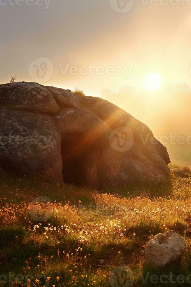 AI generated Sunrise over a megalithic tomb photo
