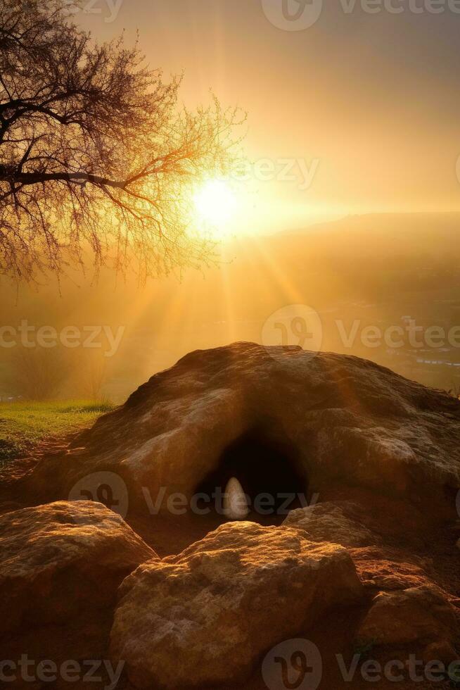 AI generated Sunrise over a megalithic tomb photo