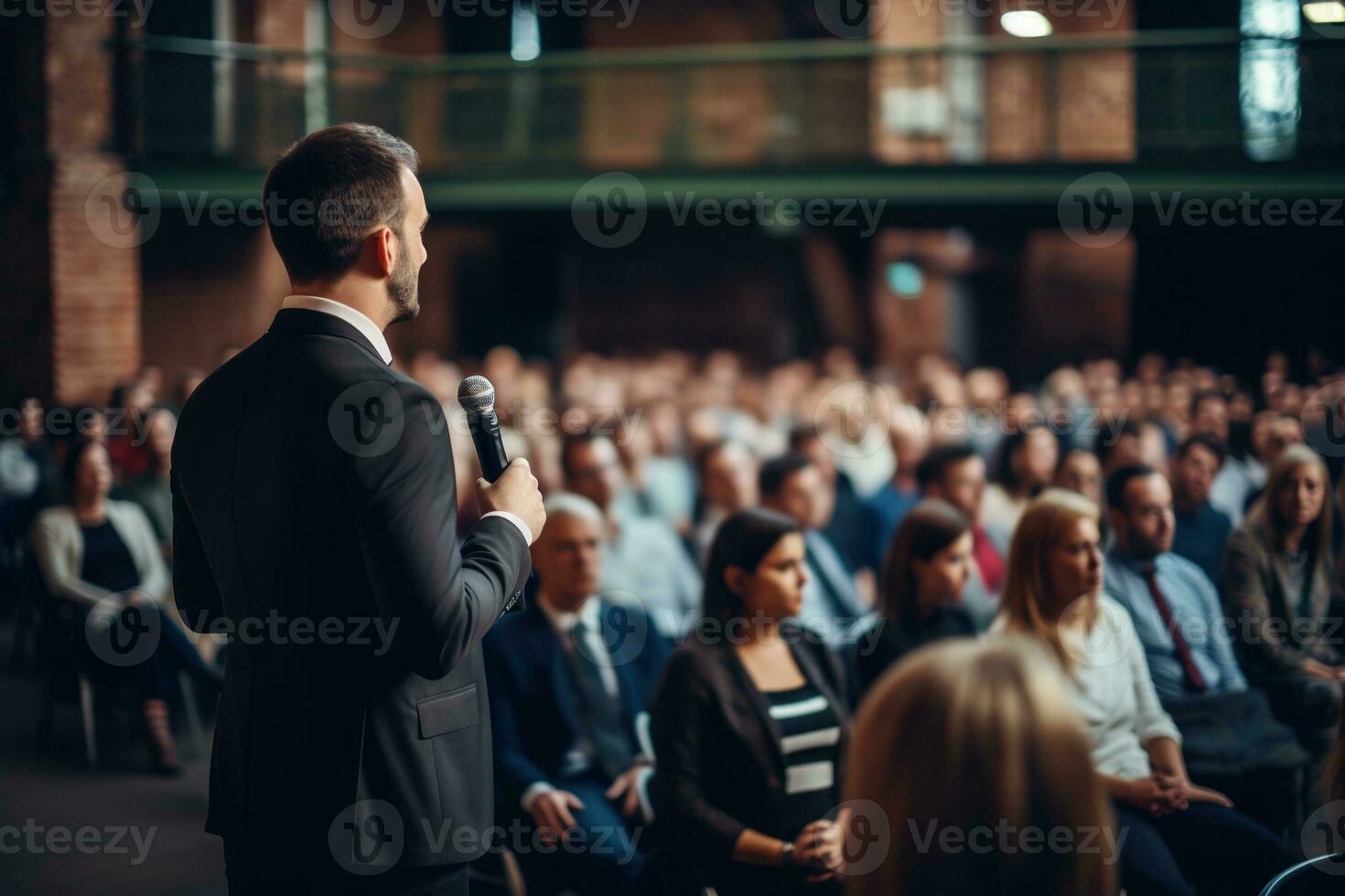 AI generated Speaker Giving a Talk at Business Conference. Audience at the conference hall. Business and Entrepreneurship. photo