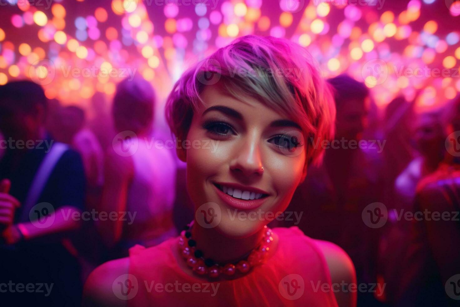 AI generated Portrait of a beautiful girl with short hair dancing in a nightclub photo