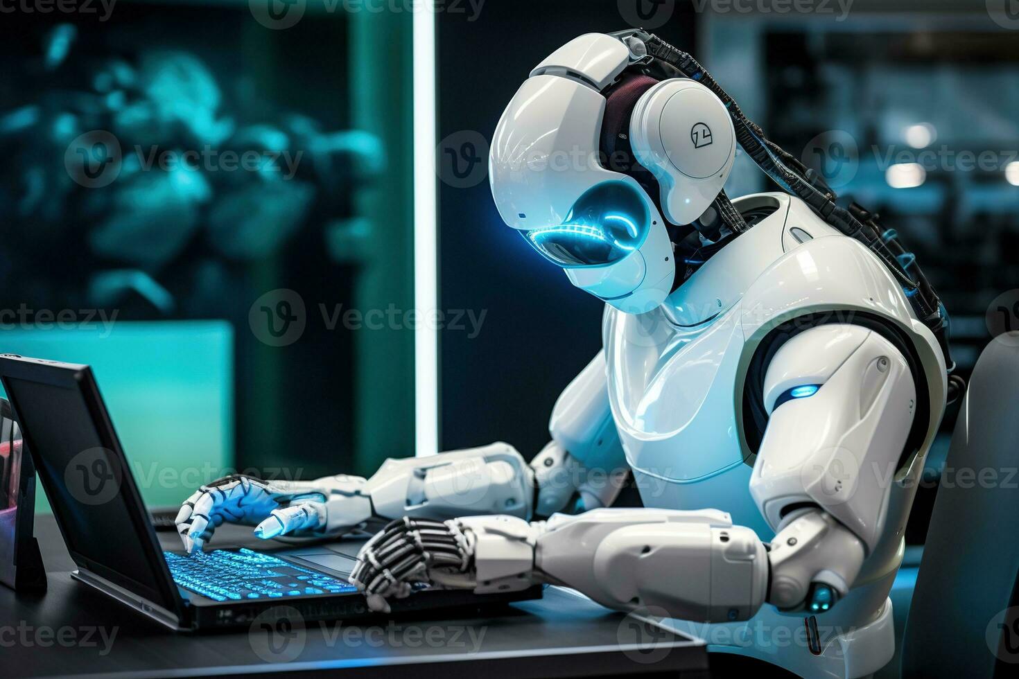 AI generated Robot humanoid working on a computer in a nightclub photo