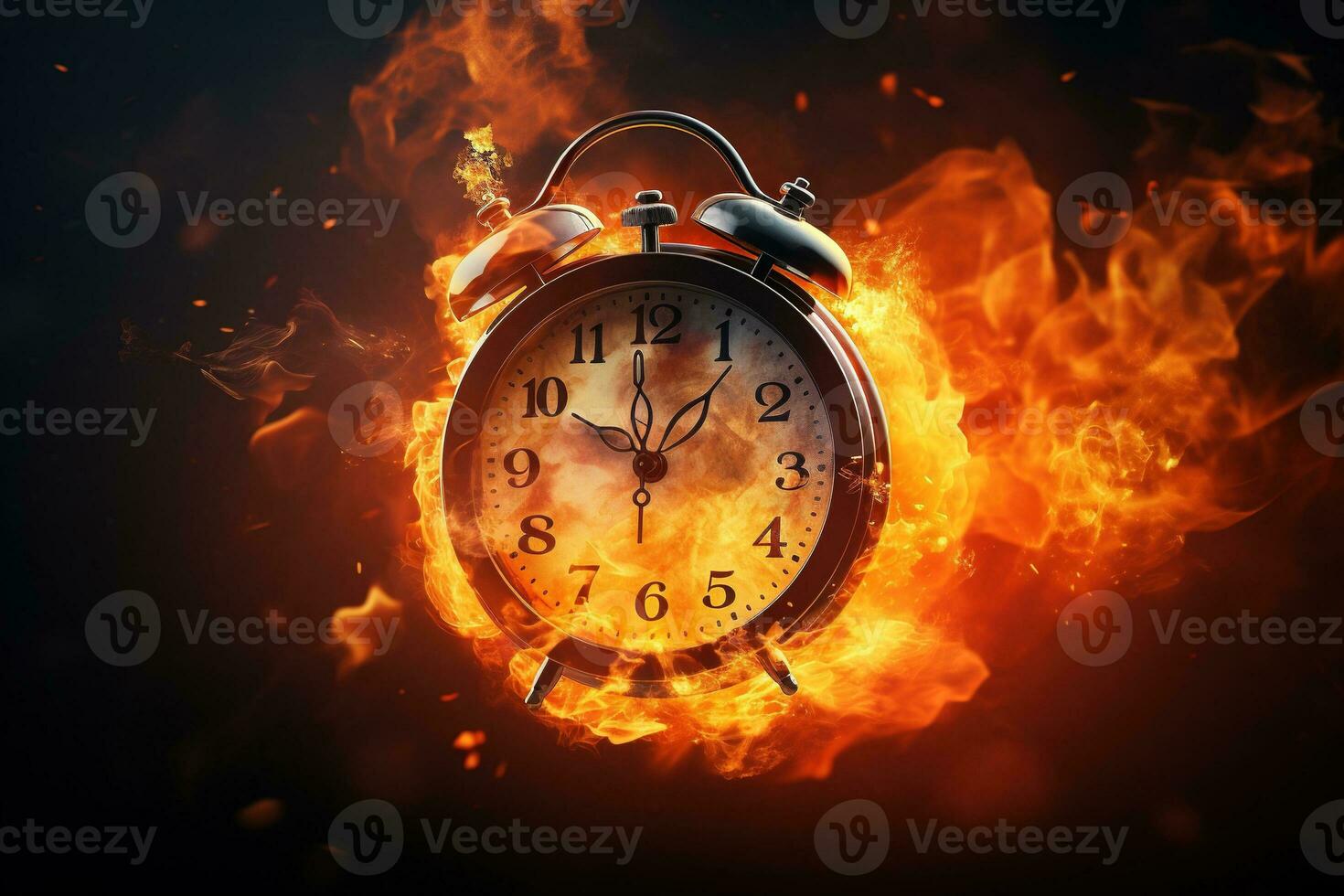 AI generated Alarm clock on fire background. Time is running out concept. photo