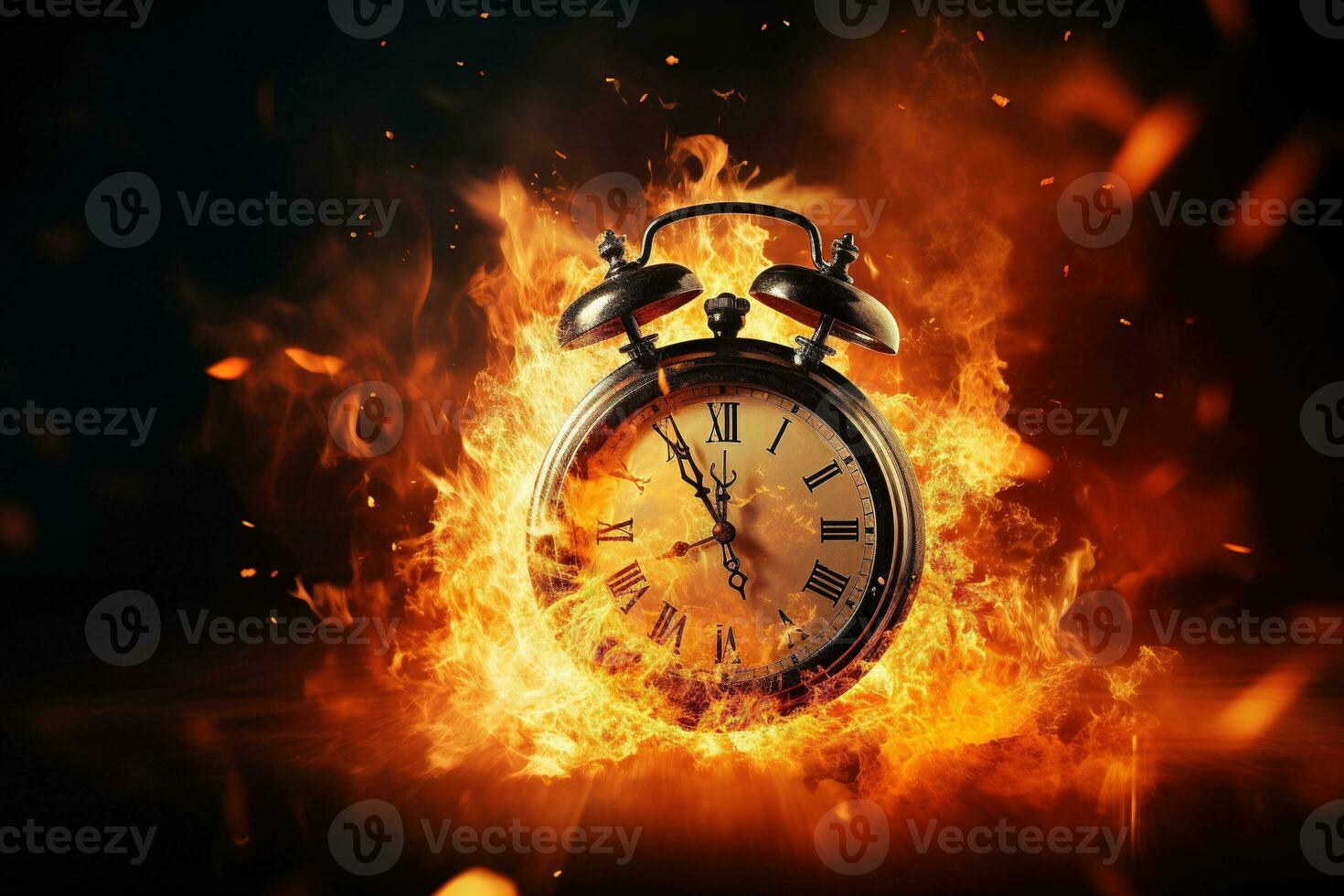 AI generated Alarm clock on fire background. Time is running out concept. photo