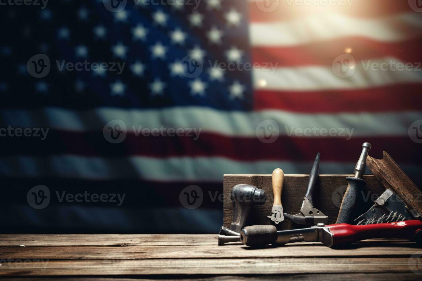 AI generated tools on a wooden table against the background of the American flag photo