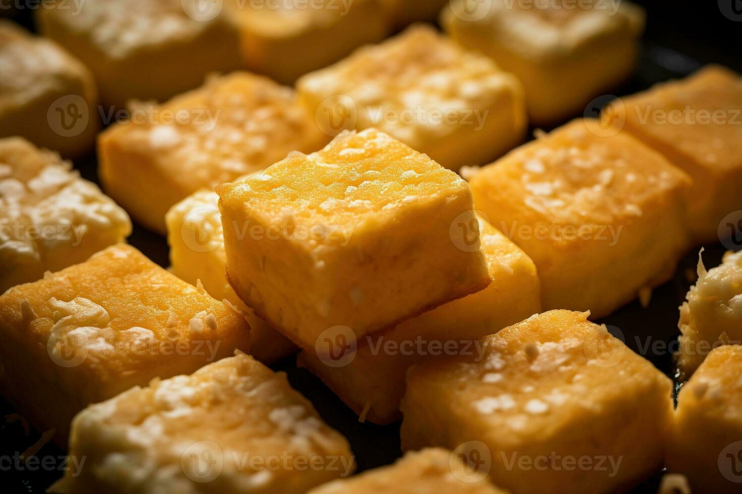 AI generated Close-up of a plate of yellow cheese cubes. photo