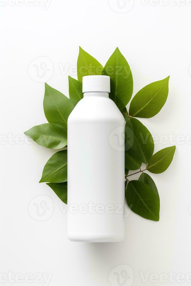 AI generated Blank cosmetic bottle with green leaves on white background photo