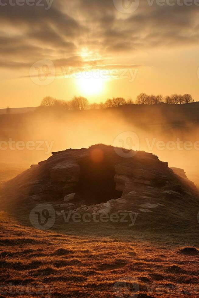 AI generated Sunrise over a megalithic tomb photo