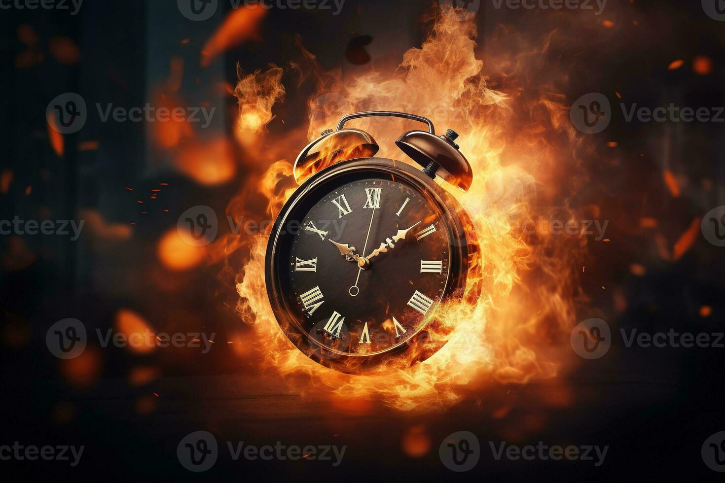 AI generated Alarm clock on fire background. Time is running out concept. photo