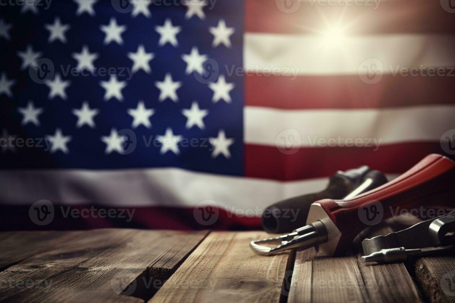AI generated tools on a wooden table against the background of the American flag photo