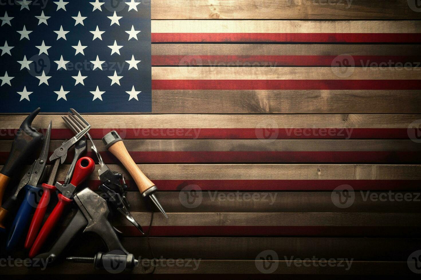 AI generated tools on a wooden table against the background of the American flag photo