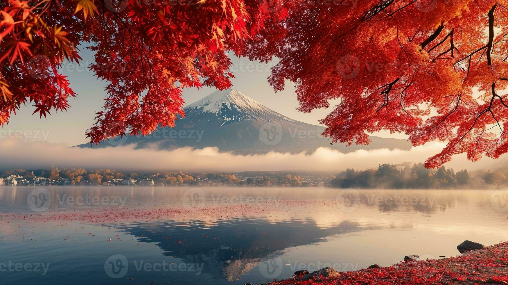 ai generado fuji montaña y lago kawaguchiko en otoño estación, Japón foto