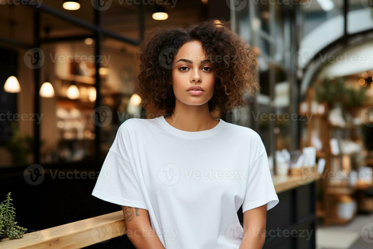 AI generated Portrait of a beautiful young woman wearing white shirt photo