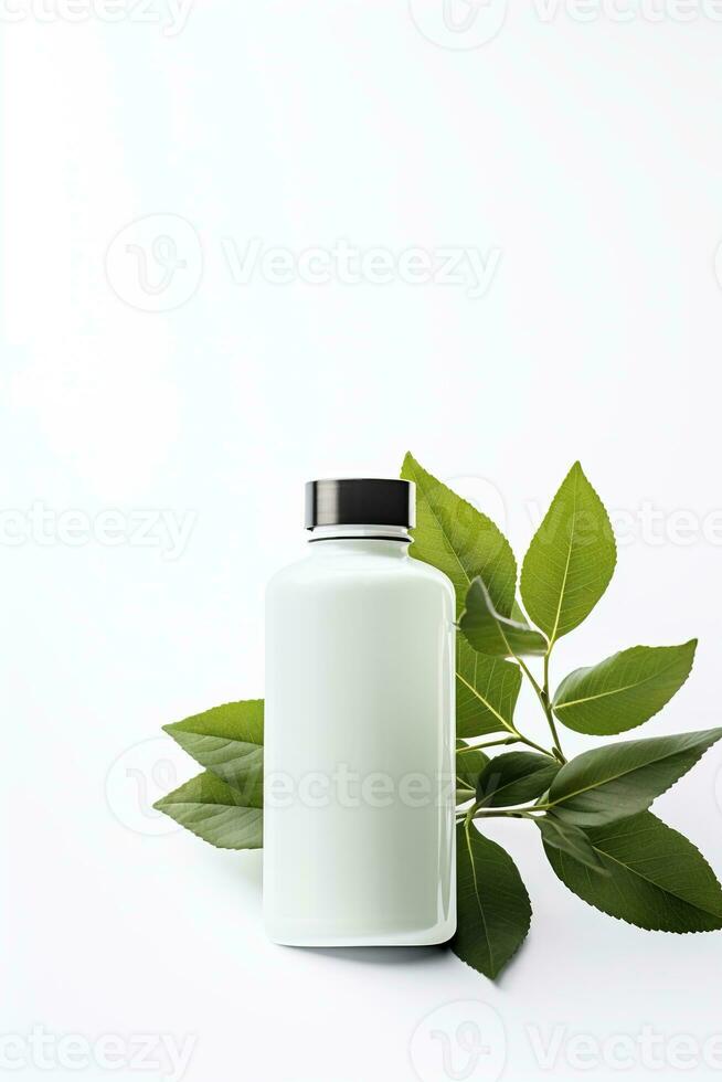 AI generated Blank cosmetic bottle with green leaves on white background photo