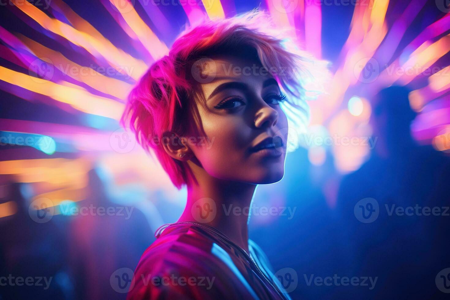 AI generated Portrait of a beautiful girl with short hair dancing in a nightclub photo