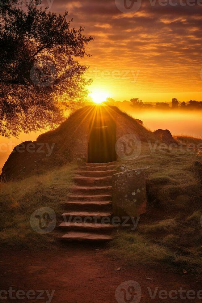 AI generated Sunrise over a megalithic tomb photo