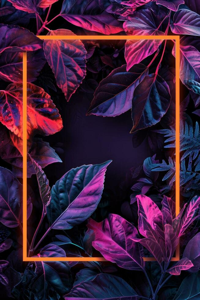 AI generated neon neon and hibiscus leaves in an abstract frame with orange neon neon photo