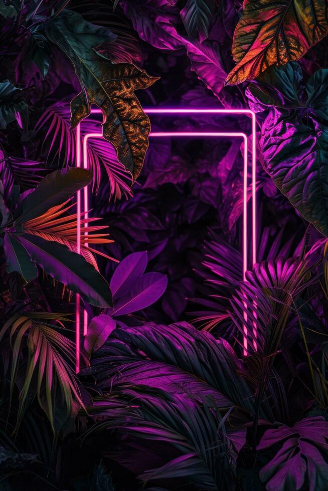 AI generated neon square frame background in tropical leaves photo