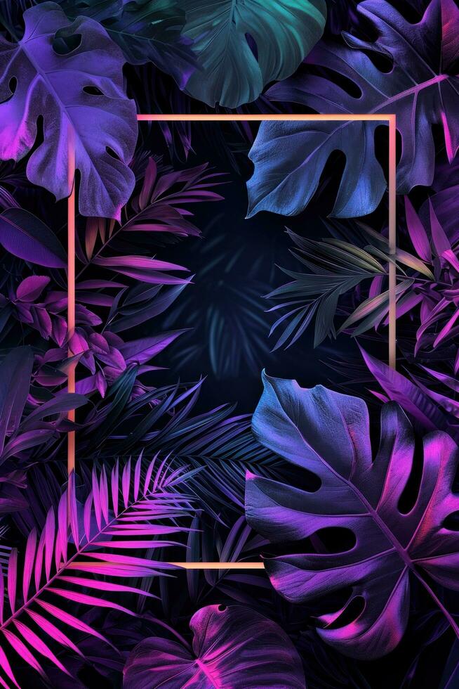 AI generated neon square frame background in tropical leaves photo