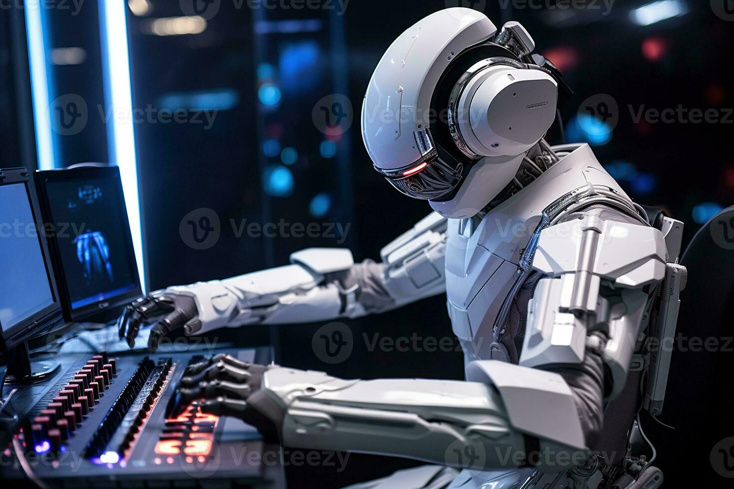 AI generated Robot humanoid working on a computer in a nightclub photo
