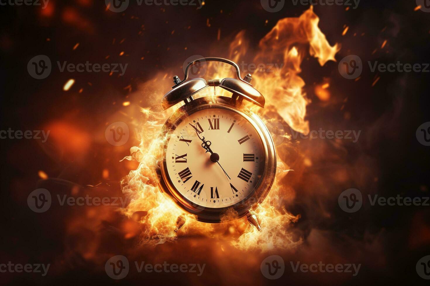 AI generated Alarm clock on fire background. Time is running out concept. photo